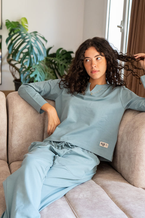 Women Fall Pajama Set Dusty Blue sweatshirt + pants